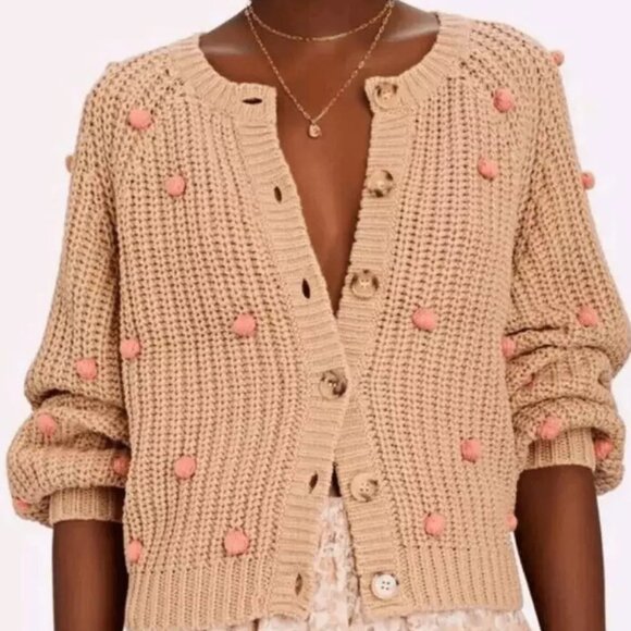 NWT The Great. Bobble Fisherman Knit Cardigan in Sand and Berry Size 0 - Picture 10 of 11